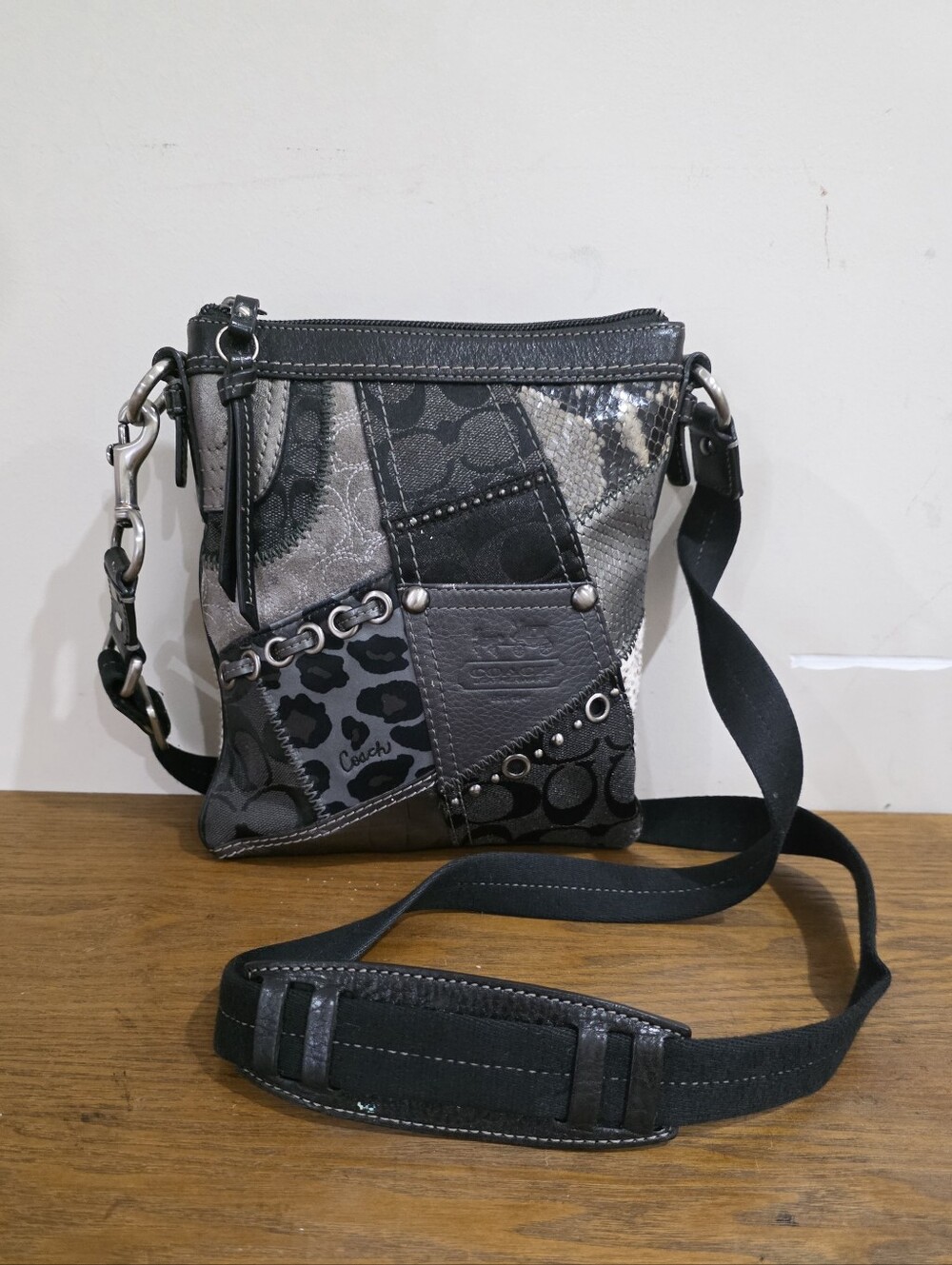 Coach Signature Patchwork Gray/Black Leather Crossbody Bag